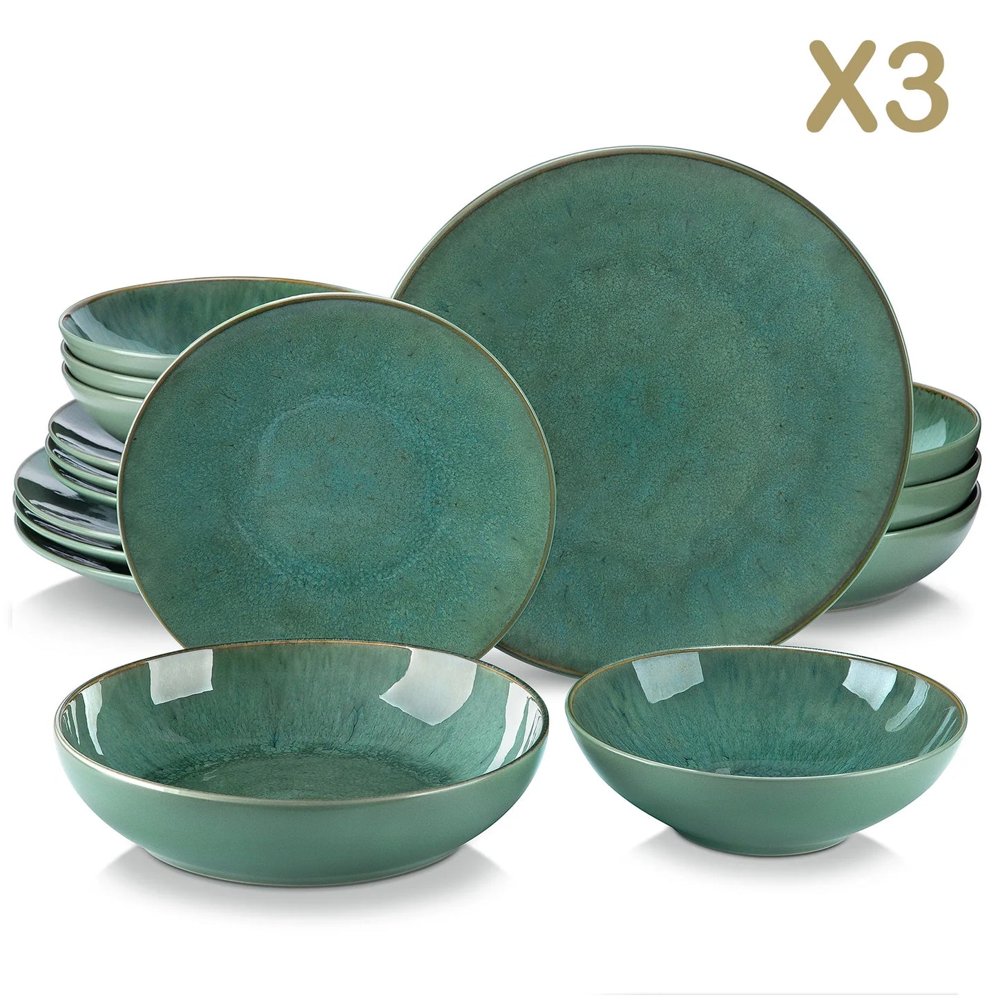16/32/48 Piece Green Embossed Stoneware Dinner Set
