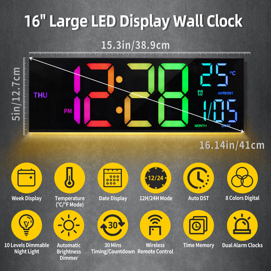 Large Digital Wall Clock, Big LED Display with Remote