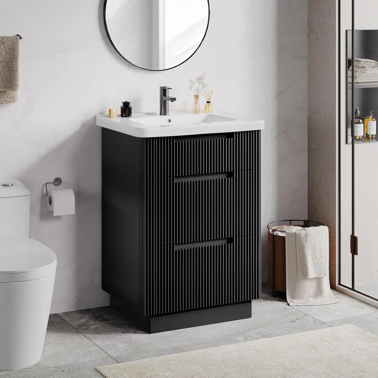 Fluted Bathroom Vanity /24" Sink Combo, Cabinet 3 Drawers