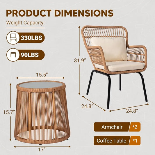 Two Large Rattan Chairs and Tempered Glass Table Set