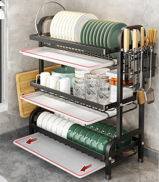 Dish Rack, Three-Tier Drainer with Drip Trays