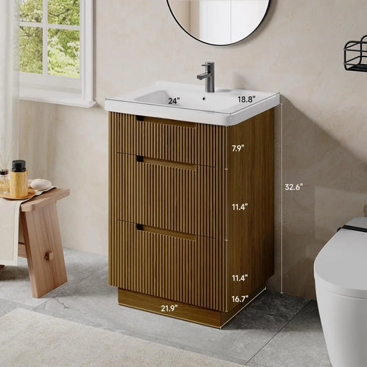 Fluted Bathroom Vanity /24" Sink Combo, Cabinet 3 Drawers