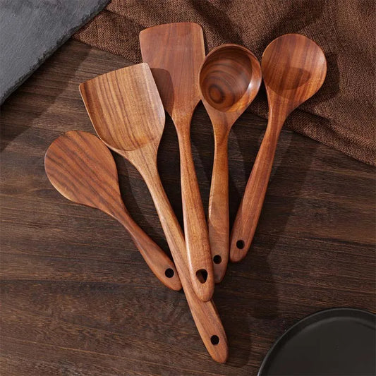 5pcs Wooden Utensil Set with Hanging Holes, for Scratch Free Cooking