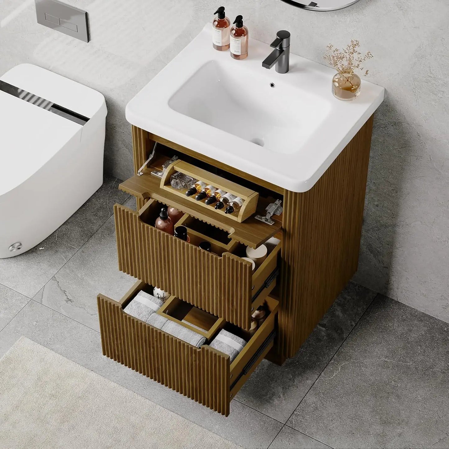 Fluted Bathroom Vanity /24" Sink Combo, Cabinet 3 Drawers