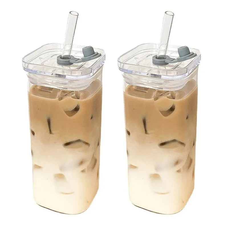Square Heat-Resistant Coffee Cup with Lid and Straw