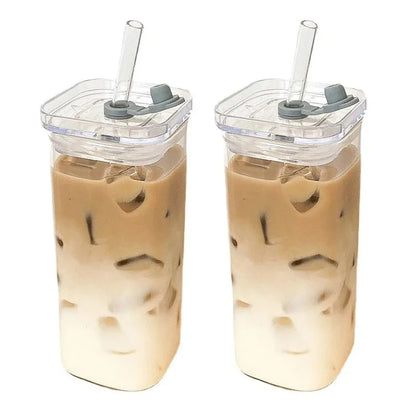Square Heat-Resistant Coffee Cup with Lid and Straw