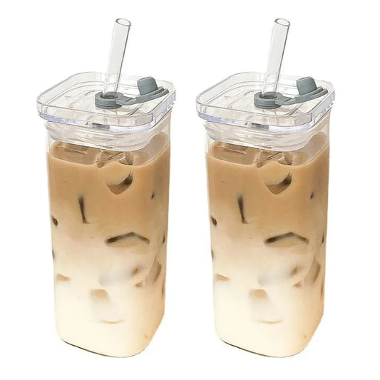 Square Heat-Resistant Coffee Cup with Lid and Straw