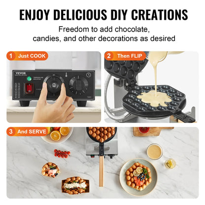Commercial Egg Bubble Waffle Maker Stainless Steel with Wooden Handles