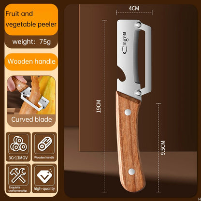 Stainless steel peeler with three options for handles.