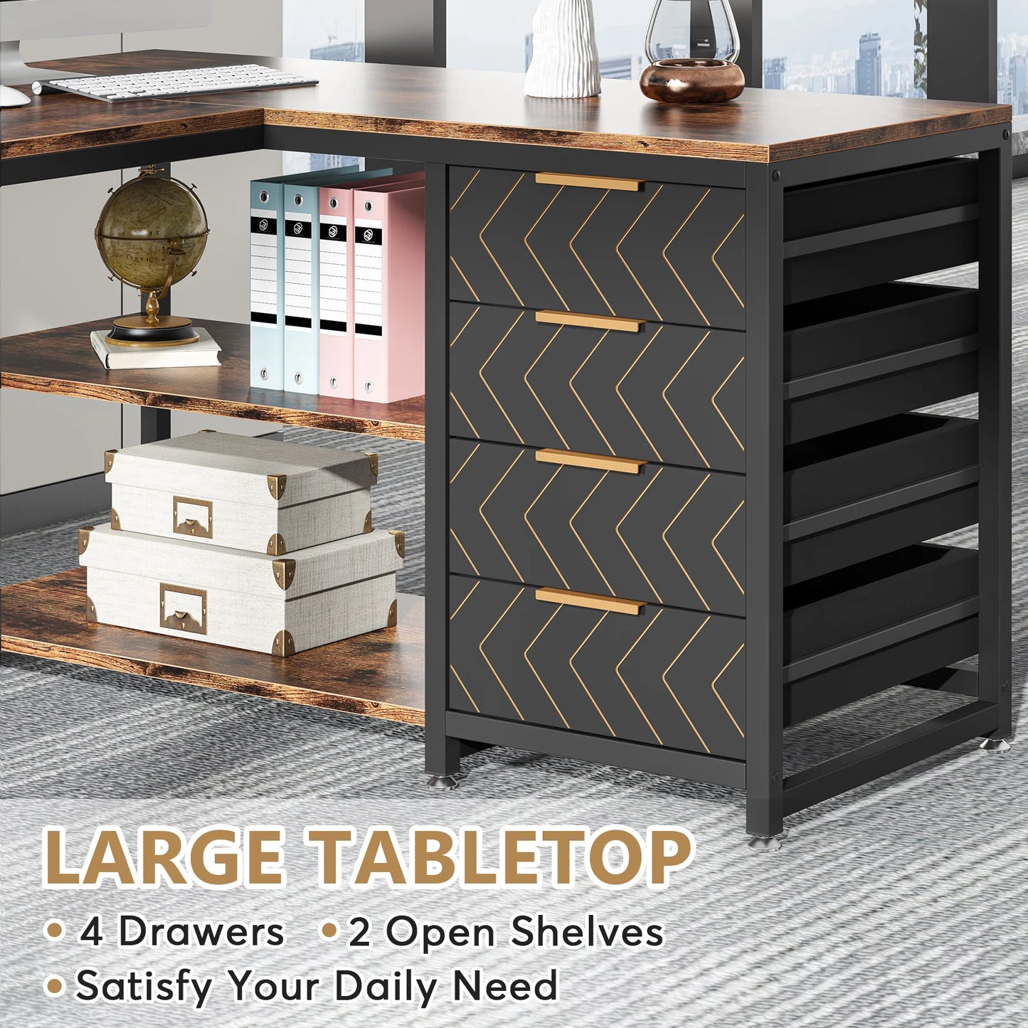 59-inch L Shaped Computer Desk with Storage Drawers