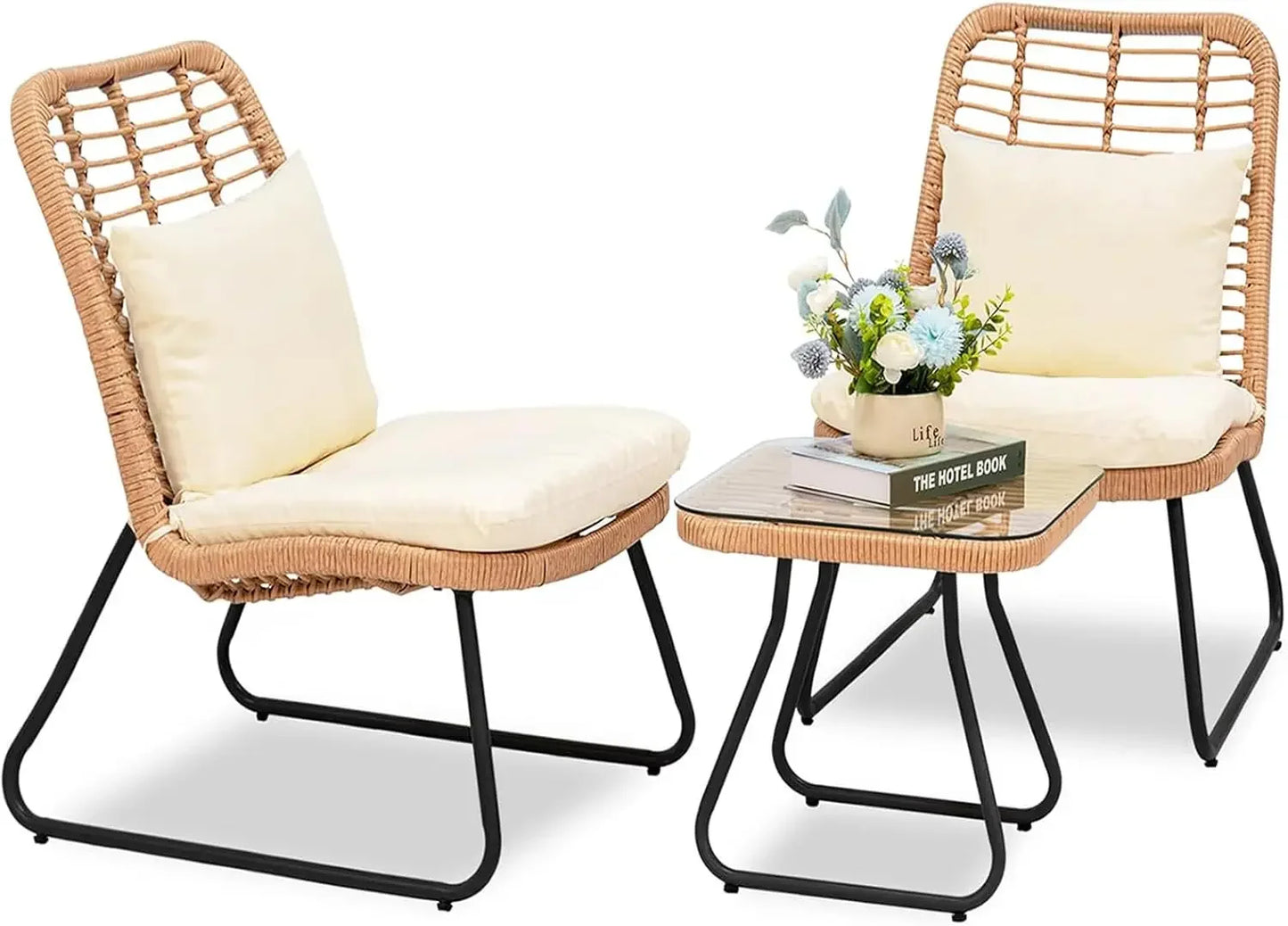 Two Large Rattan Chairs and Tempered Glass Table Set