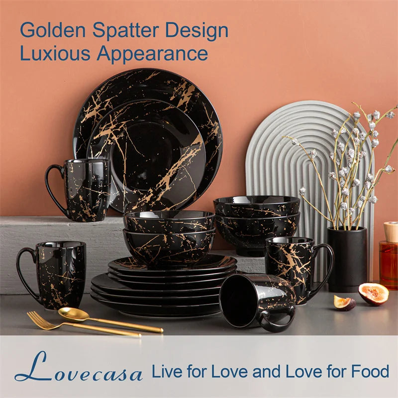 16Pcs Black Porcelain Tableware Set with Gold Splash Design