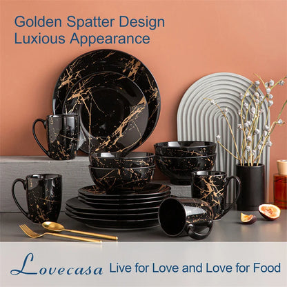 16Pcs Black Porcelain Tableware Set with Gold Splash Design