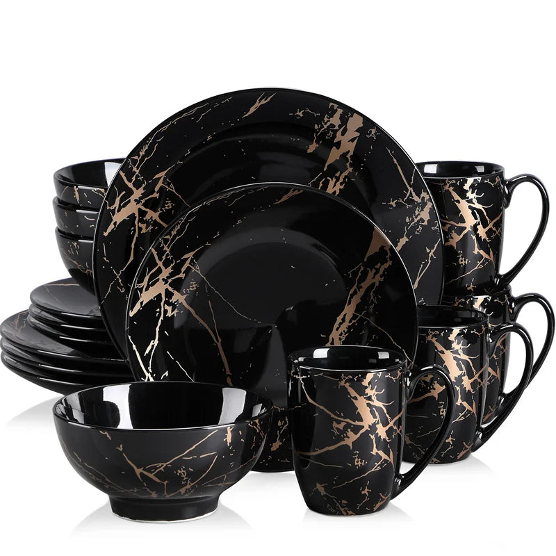 16Pcs Black Porcelain Tableware Set with Gold Splash Design