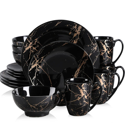 16Pcs Black Porcelain Tableware Set with Gold Splash Design
