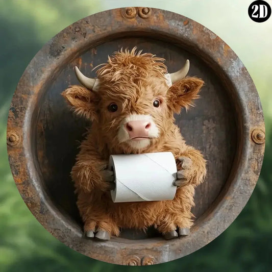 Round Metal Wall Art, Humorous Cow Bathroom Sign