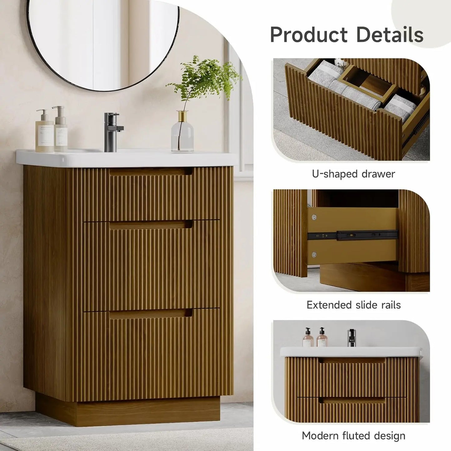 Fluted Bathroom Vanity /24" Sink Combo, Cabinet 3 Drawers