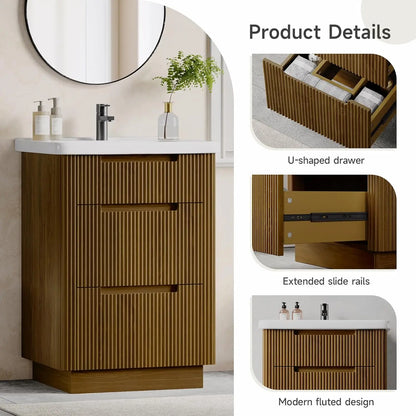 Fluted Bathroom Vanity /24" Sink Combo, Cabinet 3 Drawers