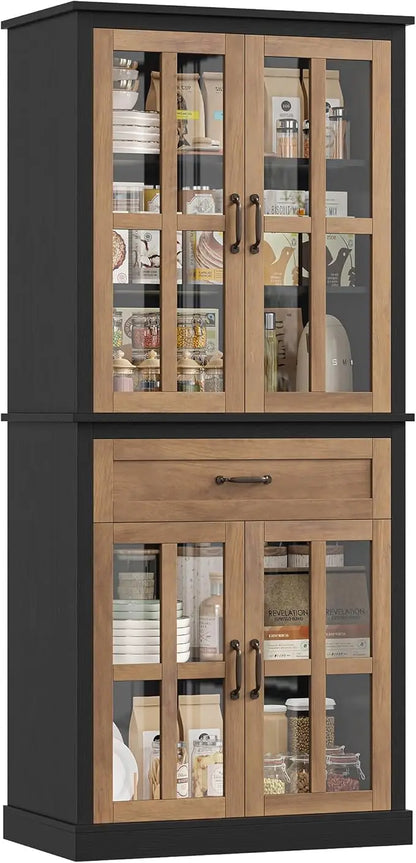Free Standing 71'' Tall Cabinet with Glass Doors and Drawer