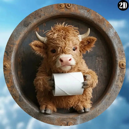 Round Metal Wall Art, Humorous Cow Bathroom Sign
