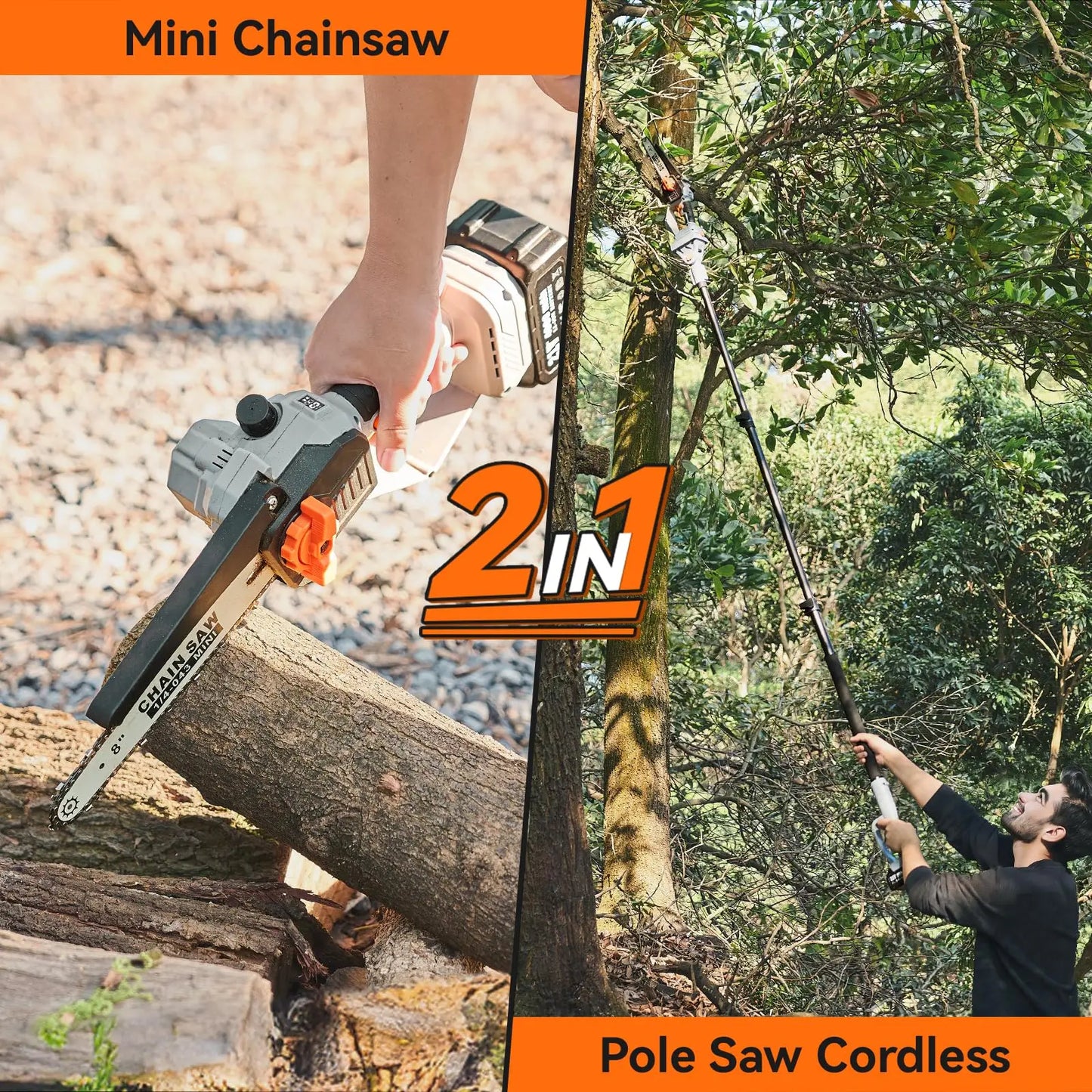 8" Extendable Pruning Chainsaw with 15Ft Pole and Two 4000mAh Batteries