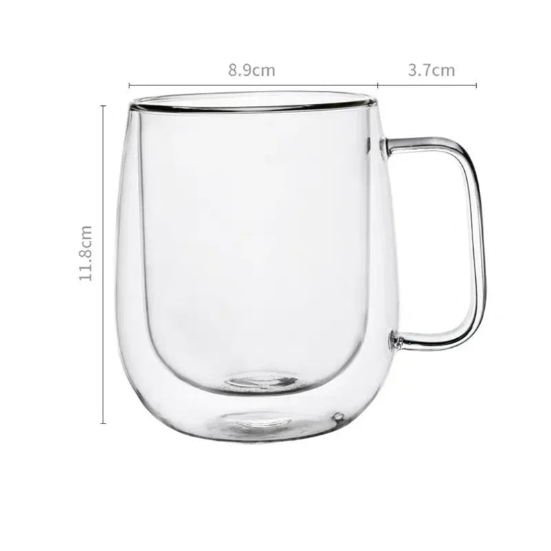 Heat Resistant, Double Wall Glass Coffee Cup with Handle, In Three Sizes
