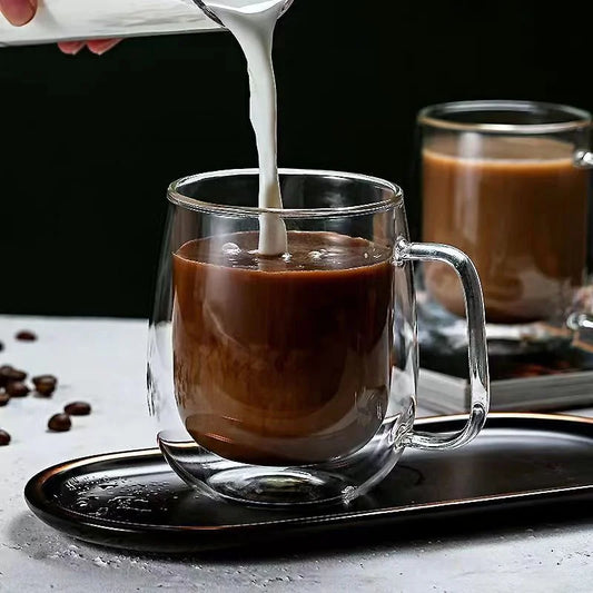 Heat Resistant, Double Wall Glass Coffee Cup with Handle, In Three Sizes