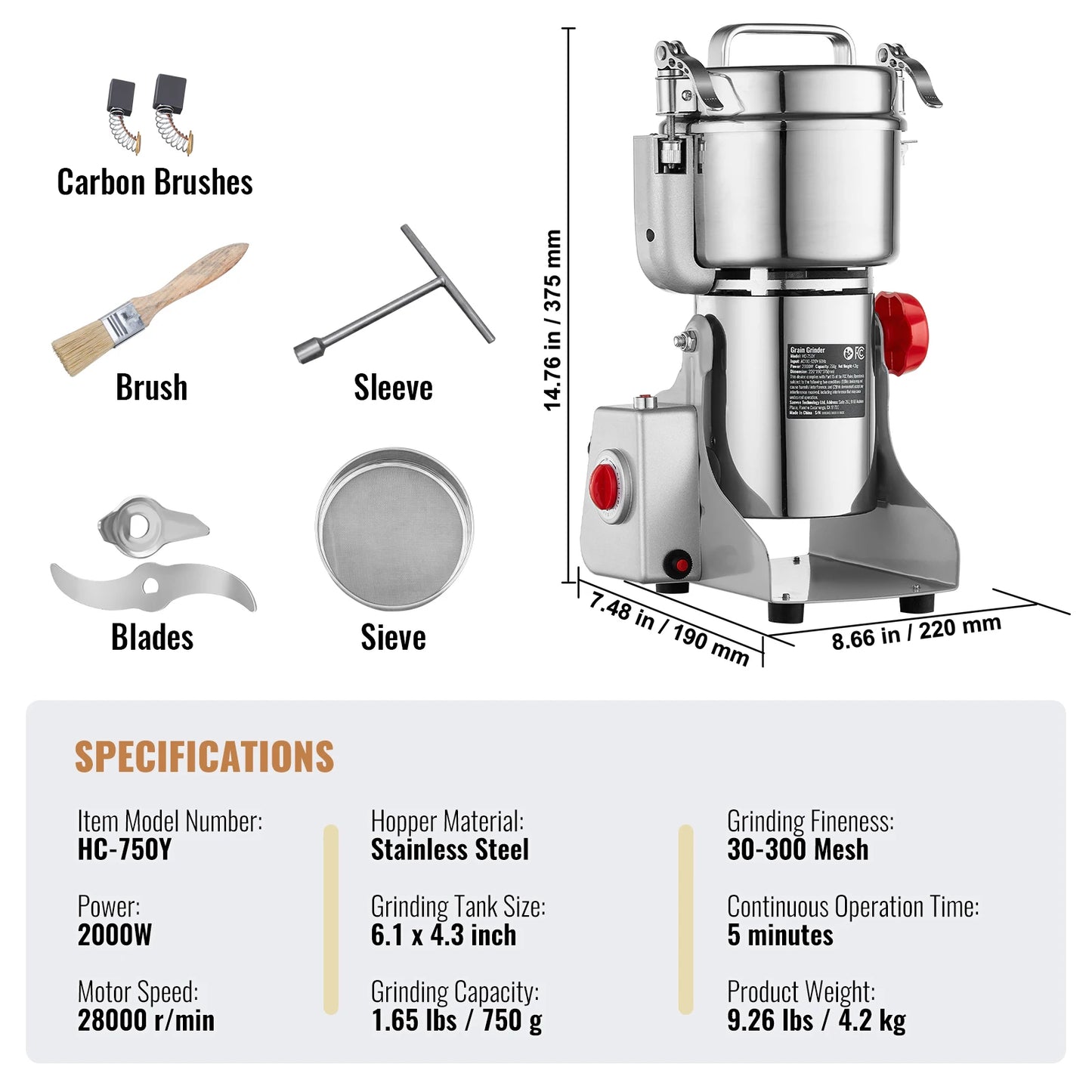 150-2500g Electric Mill Grinder for Spices, Coffee and Corn