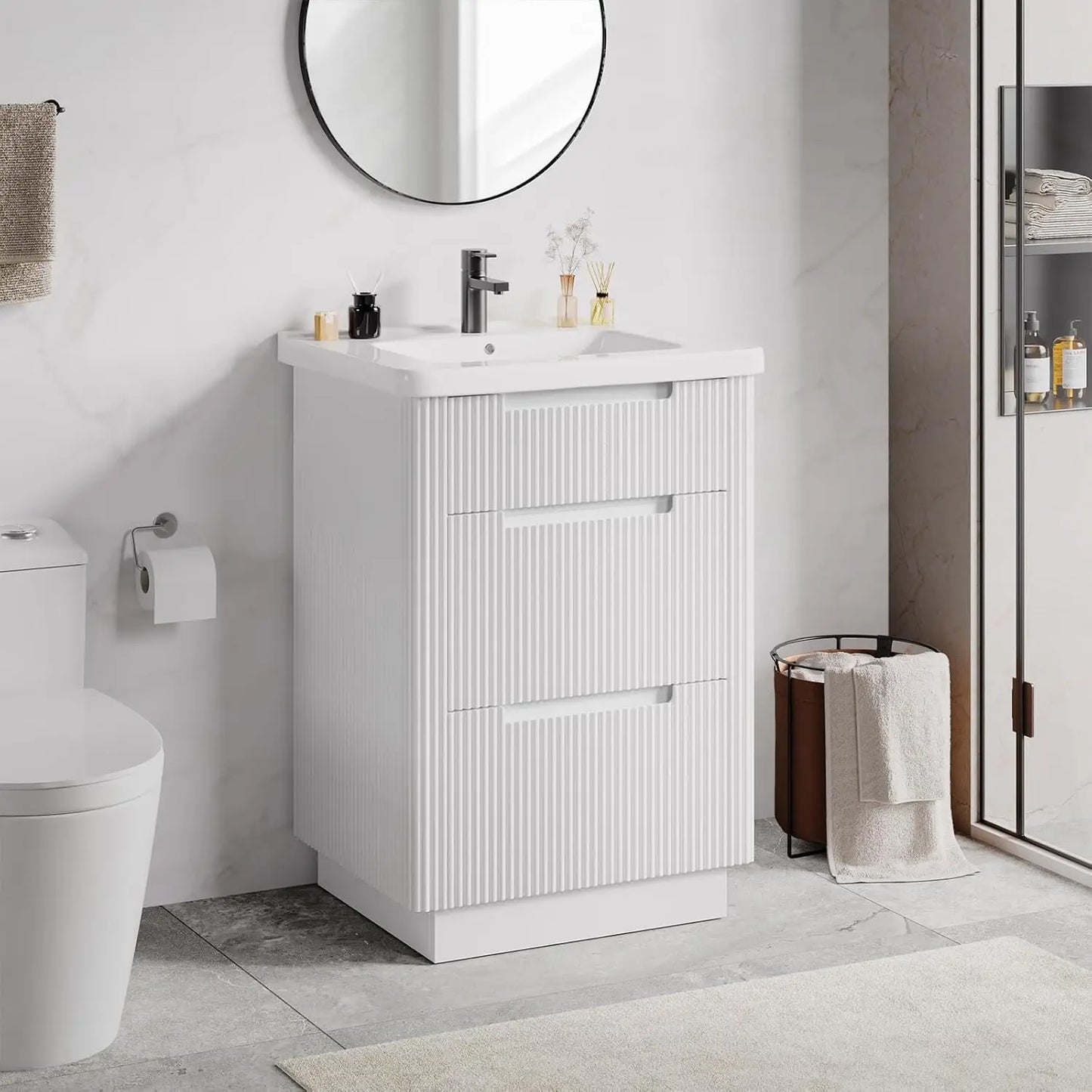 Fluted Bathroom Vanity /24" Sink Combo, Cabinet 3 Drawers