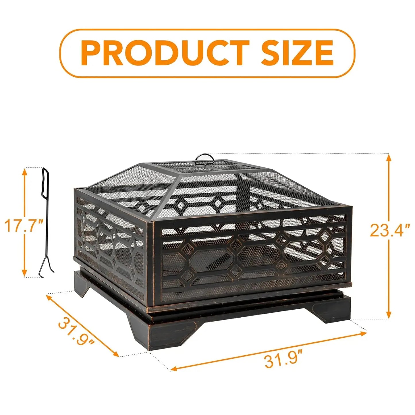 32 Inch Wood Burning Fire Pit with Mesh Cover & Poker