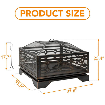 32 Inch Wood Burning Fire Pit with Mesh Cover & Poker