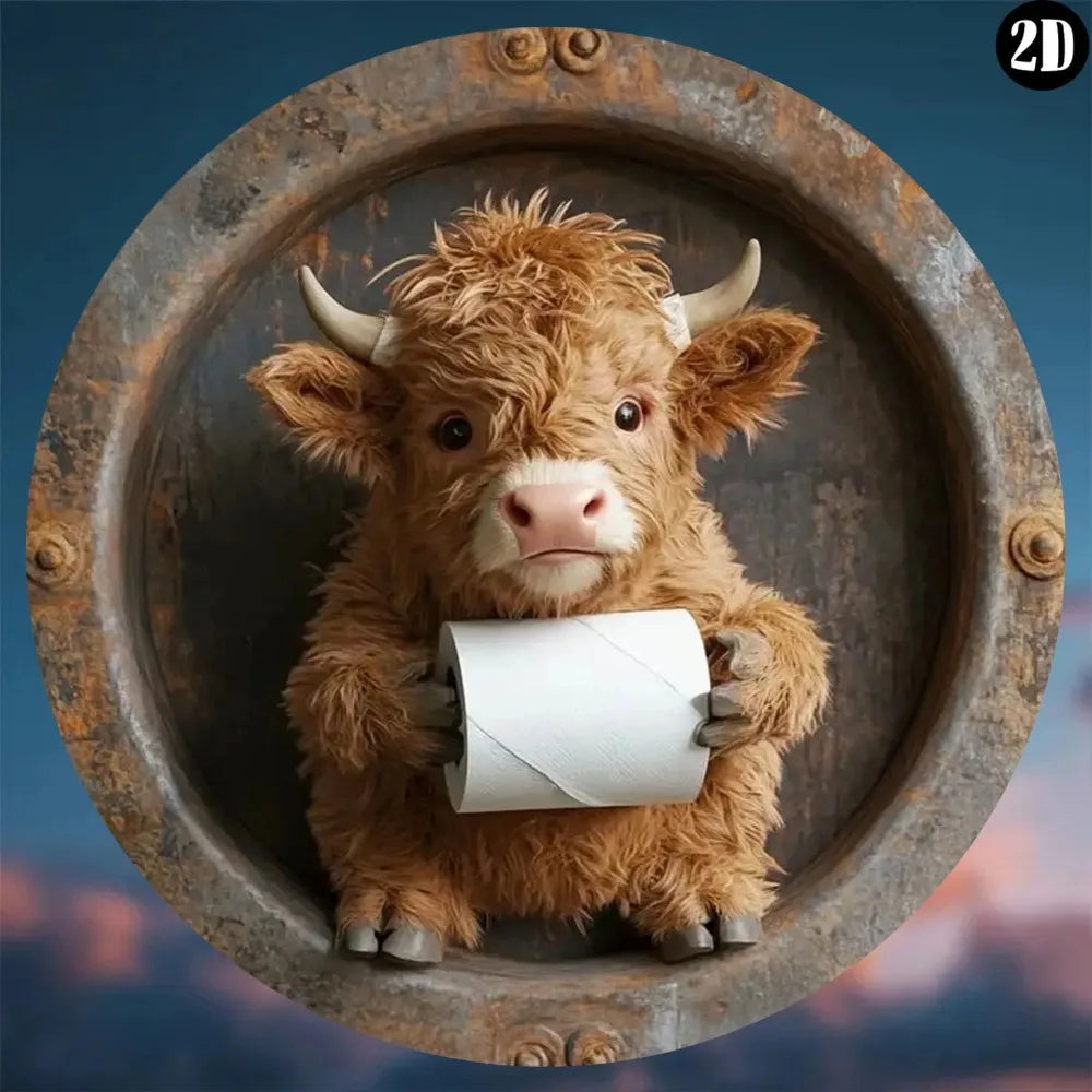 Round Metal Wall Art, Humorous Cow Bathroom Sign