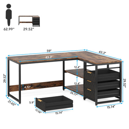 59-inch L Shaped Computer Desk with Storage Drawers