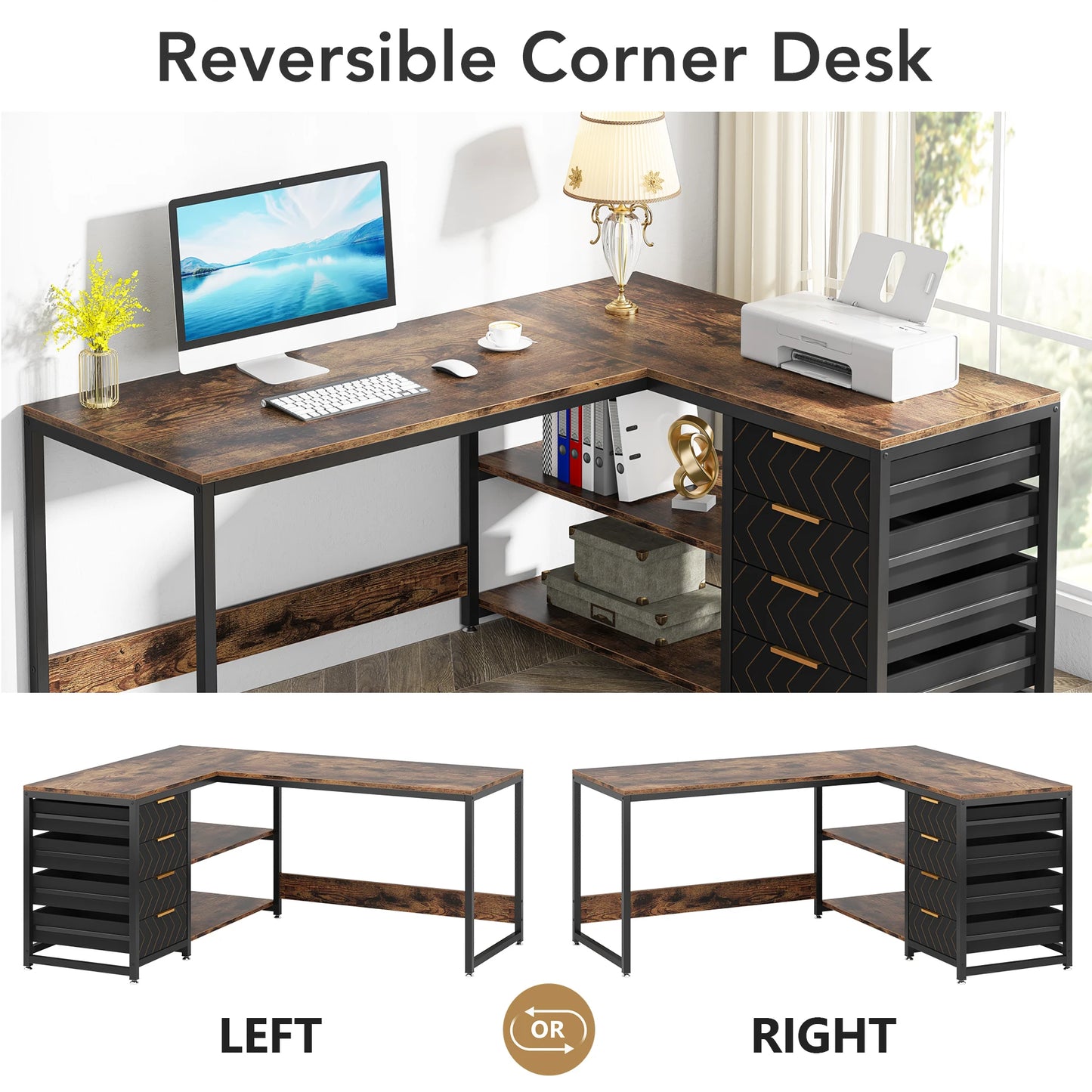 59-inch L Shaped Computer Desk with Storage Drawers