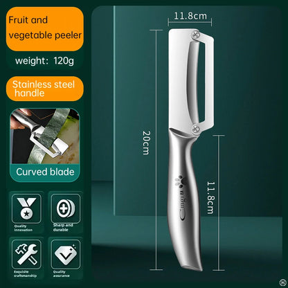 Stainless steel peeler with three options for handles.