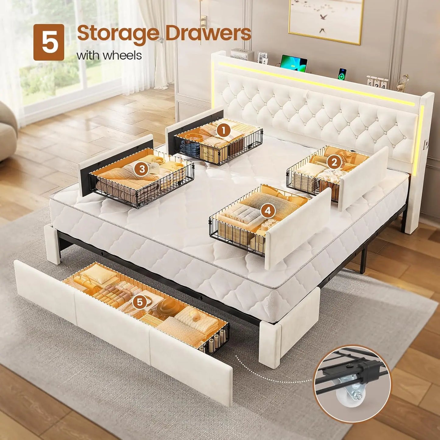 Beige Velvet Bed Frame with 5 Drawers