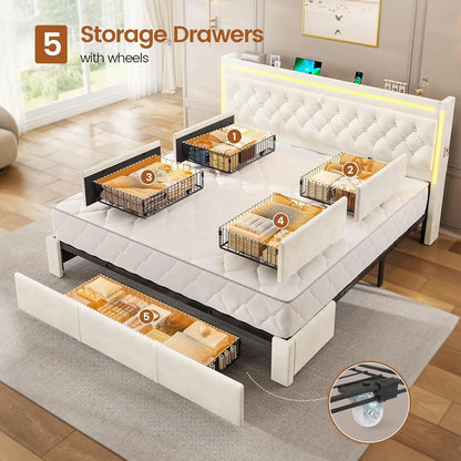 Beige Velvet Bed Frame with 5 Drawers