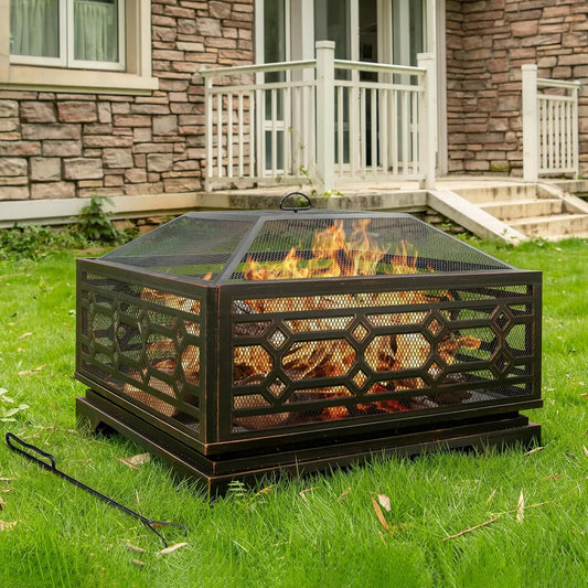 32 Inch Wood Burning Fire Pit with Mesh Cover & Poker