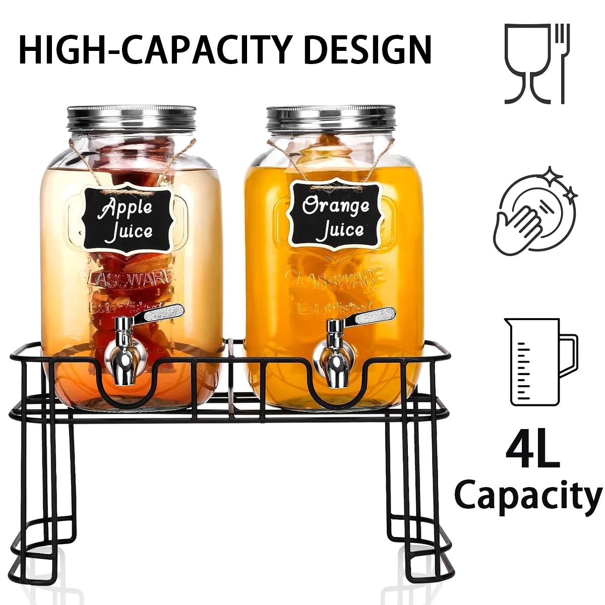 Drink Dispenser Two, 1 Gallon Glass with Stand and Stainless-Steel Faucet