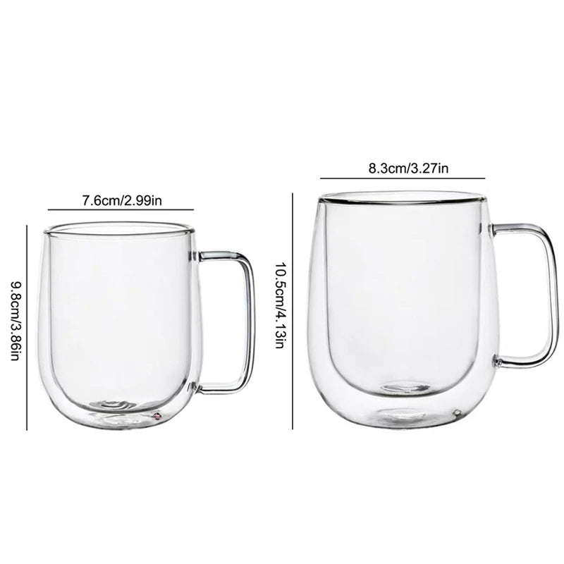 Heat Resistant, Double Wall Glass Coffee Cup with Handle, In Three Sizes