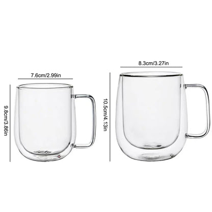 Heat Resistant, Double Wall Glass Coffee Cup with Handle, In Three Sizes