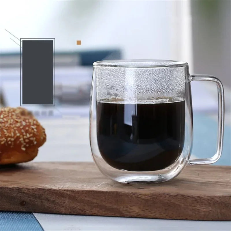 Heat Resistant, Double Wall Glass Coffee Cup with Handle, In Three Sizes