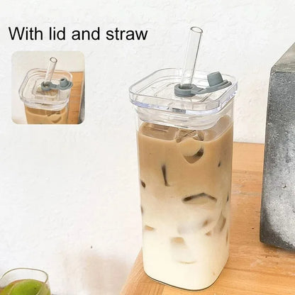 Square Heat-Resistant Coffee Cup with Lid and Straw
