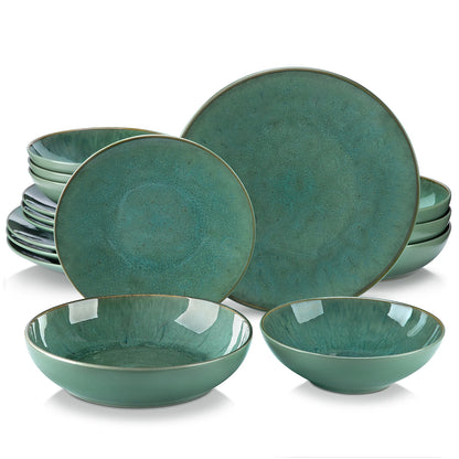 16/32/48 Piece Green Embossed Stoneware Dinner Set