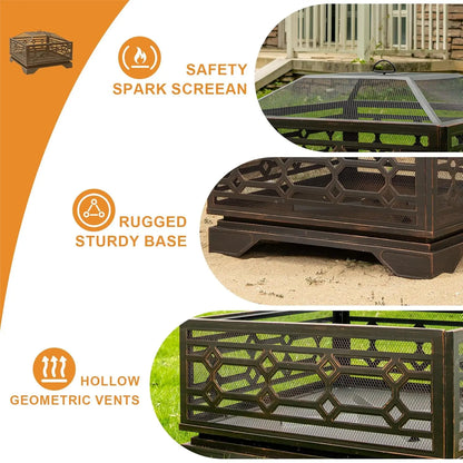 32 Inch Wood Burning Fire Pit with Mesh Cover & Poker