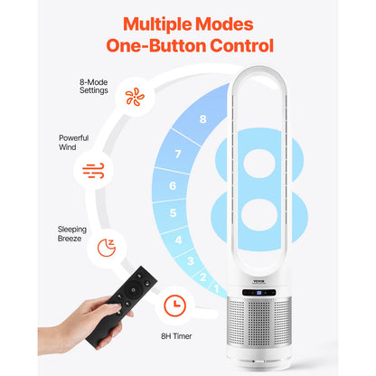 Tower Fan Bladeless Blows Cold Air 80° Oscillating with Remote