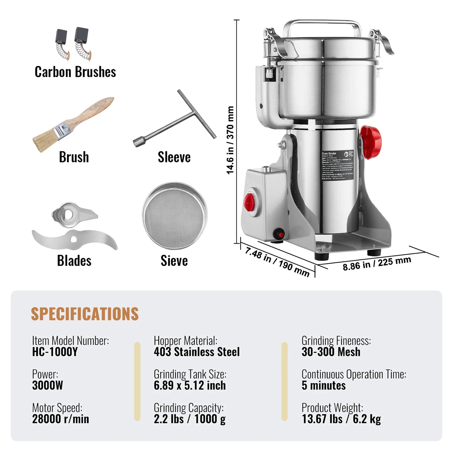 150-2500g Electric Mill Grinder for Spices, Coffee and Corn