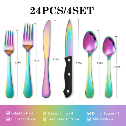 24 pcs Rainbow Silverware Set Service for four