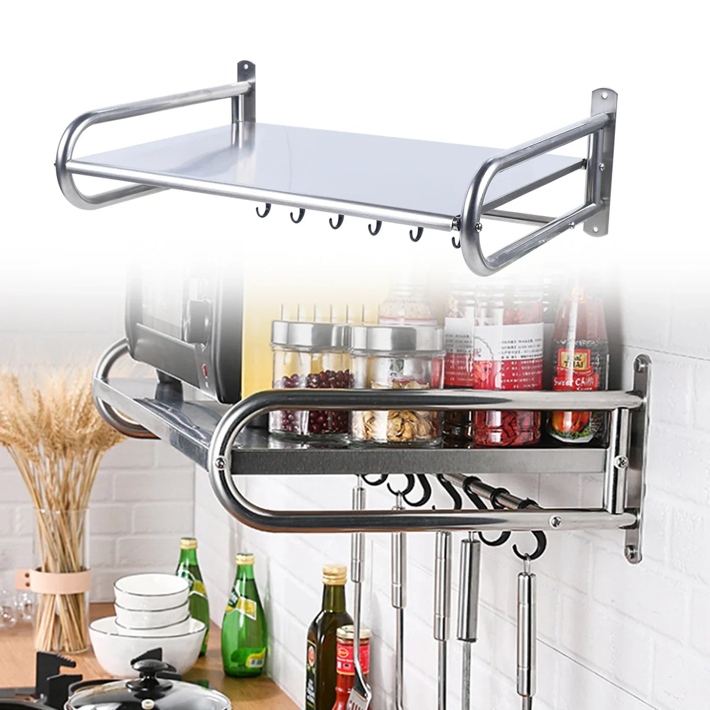 Wall-Mounted Kitchen Shelf with Utensil Hooks