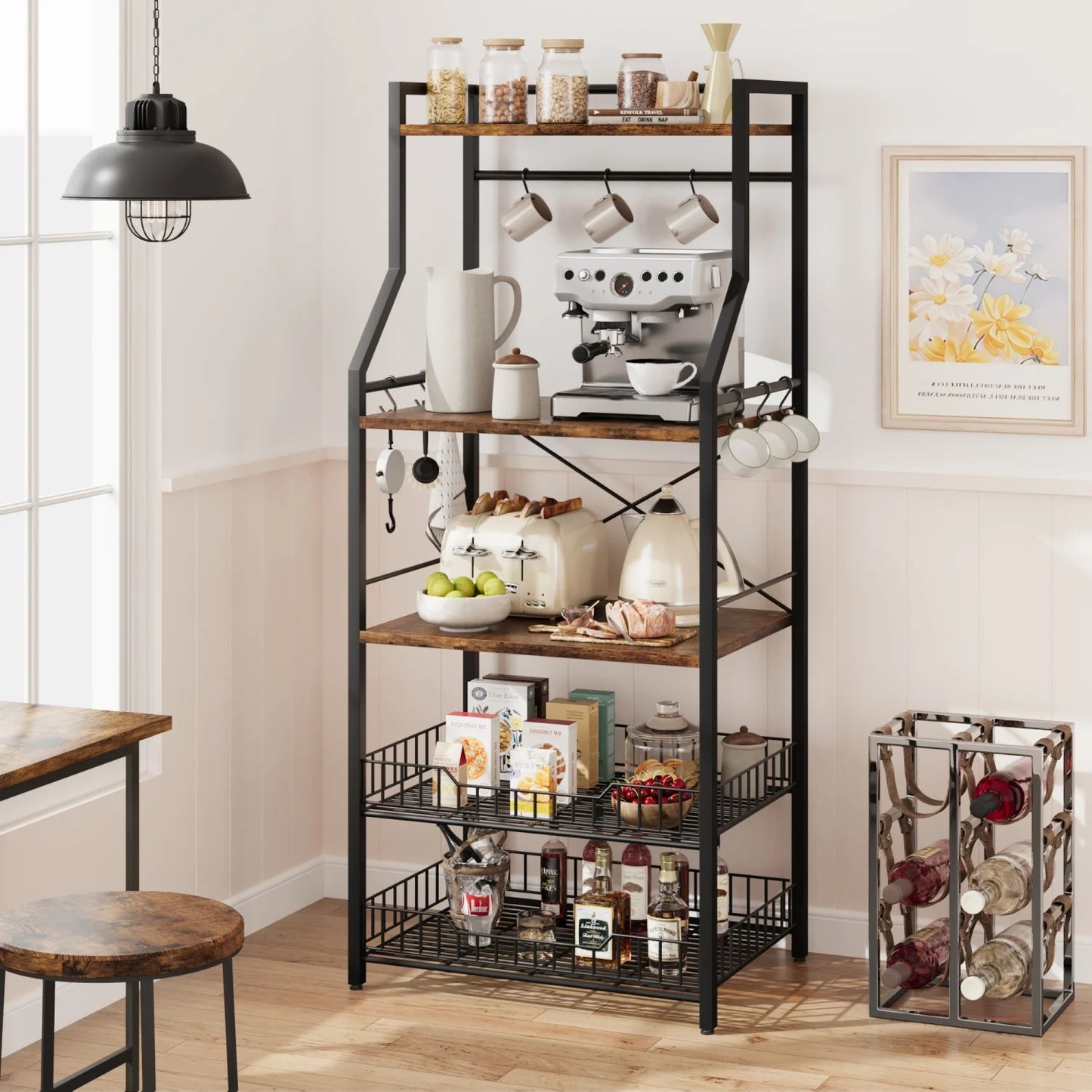 Bakers Rack with Large Wire Basket